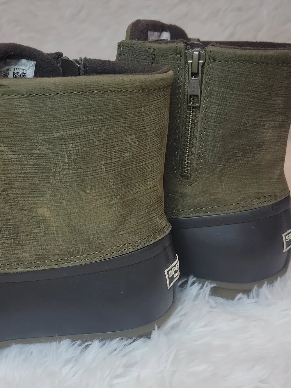 Sperry Olive Canvas Brown Rubber Lace-Up Waterproof Duck Boots. Sz 9.5. STS99729